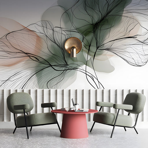 Abstract line art botanical wallpaper installed in a serene study with white bedding.
