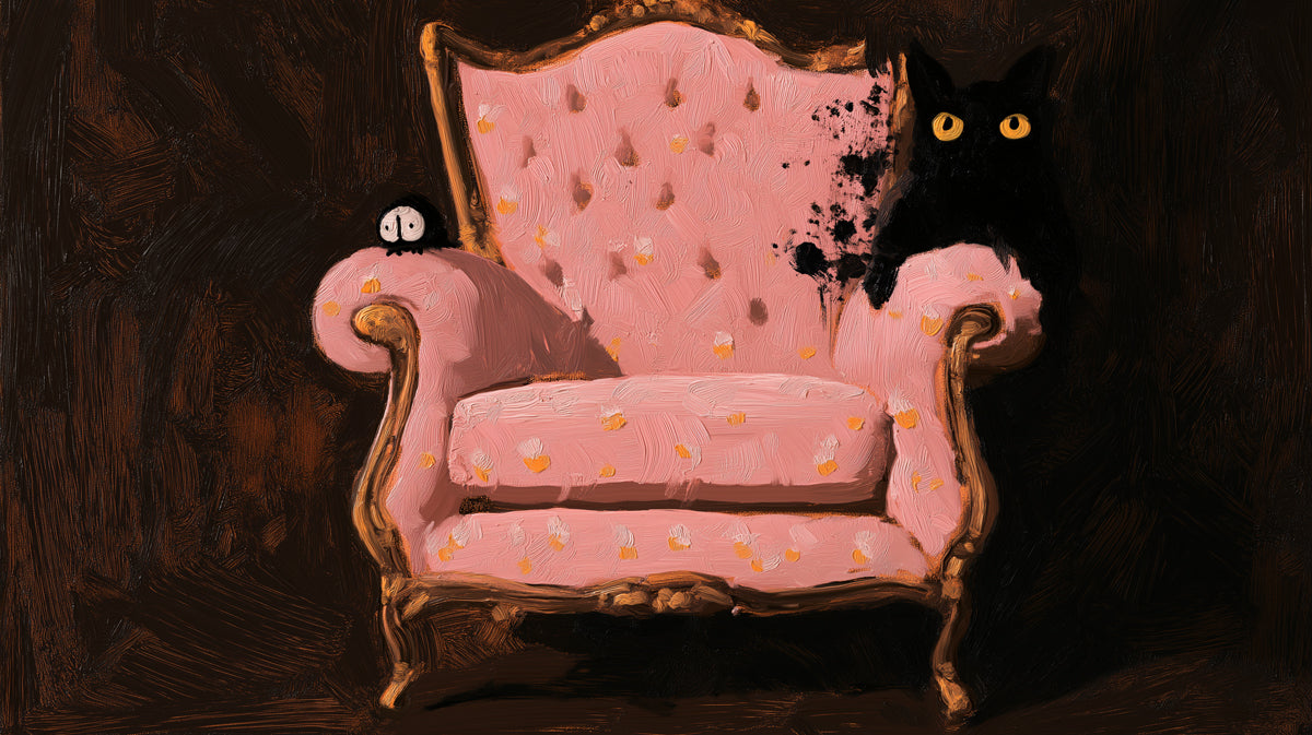 Oil painting style wallpaper featuring a pink vintage armchair with a black cat on a dark brown background