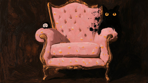 Oil painting style wallpaper featuring a pink vintage armchair with a black cat on a dark brown background
