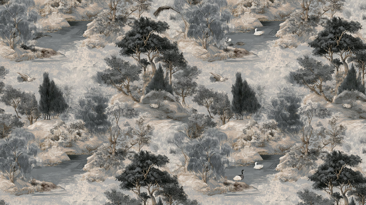 Vintage toile wallpaper pattern with charcoal river landscape, ducks, and trees on an oatmeal backdrop.