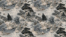 Vintage toile wallpaper pattern with charcoal river landscape, ducks, and trees on an oatmeal backdrop.