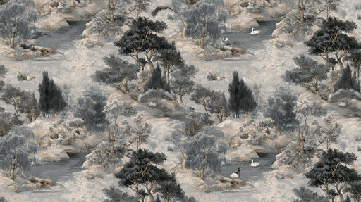 Vintage toile wallpaper pattern with charcoal river landscape, ducks, and trees on an oatmeal backdrop.