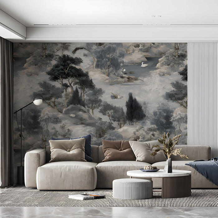 A sophisticated commercial space showcasing a scenic river mural on the walls with a velvet armchair.
