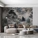 A sophisticated commercial space showcasing a scenic river mural on the walls with a velvet armchair.