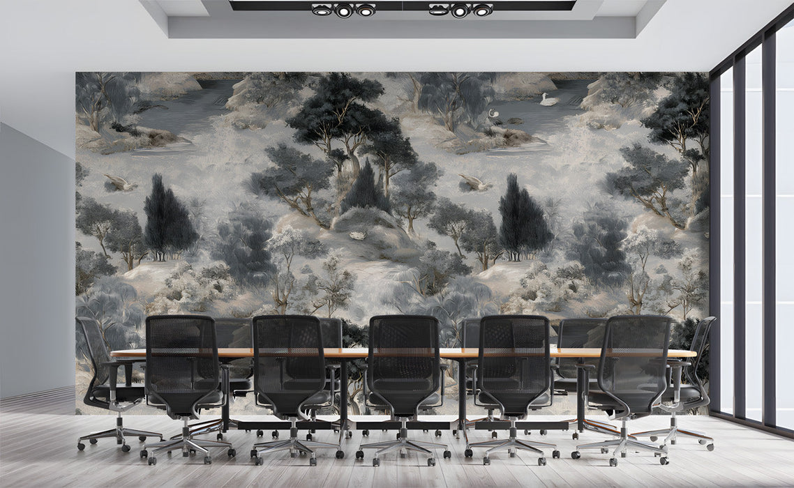 A cozy office featuring a charcoal river landscape wallpaper mural behind a dark wood desk.