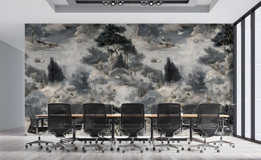 A cozy office featuring a charcoal river landscape wallpaper mural behind a dark wood desk.