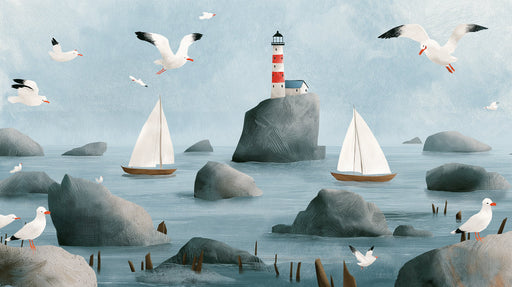 A painterly coastal mural featuring a red and white lighthouse, sailboats, and seagulls over slate blue water.