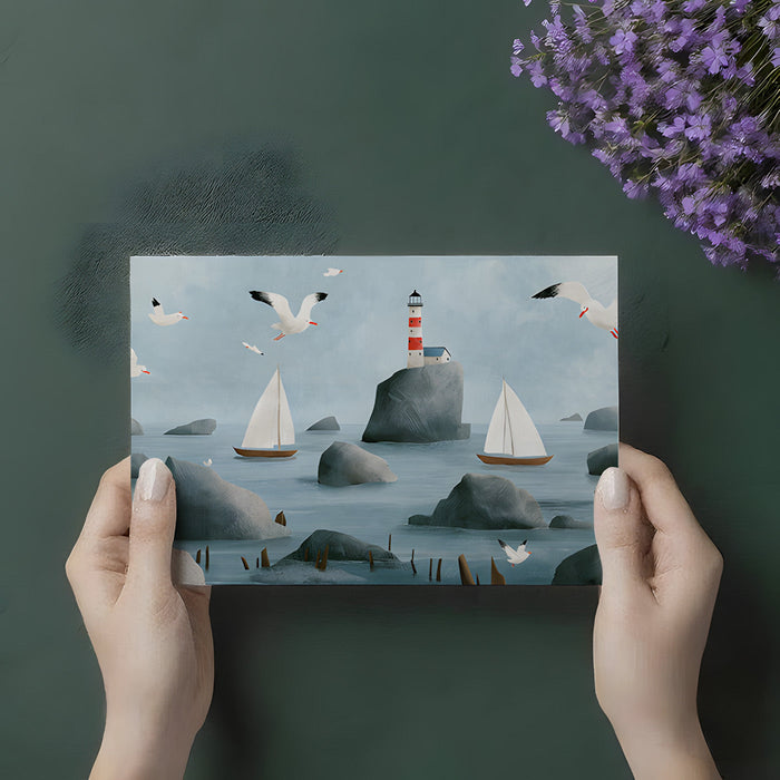 A bright bathroom featuring seaside mural wallpaper with soft blue tones and sailboat motifs.
