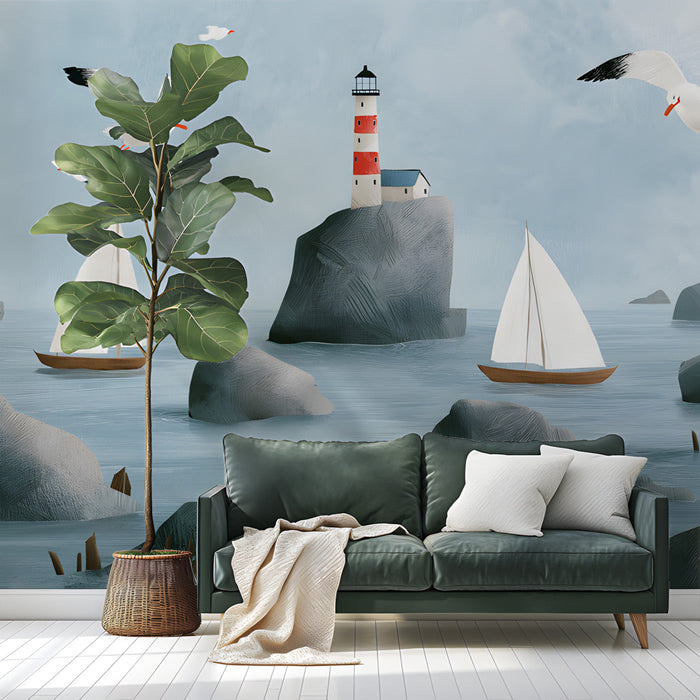 An entryway wall decorated with a peaceful ocean landscape mural featuring birds and sailing boats.
