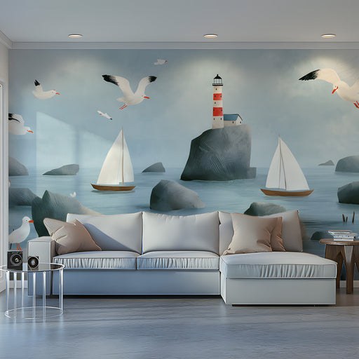 A coastal-themed living room featuring a calm lighthouse wallpaper behind a wooden headboard.