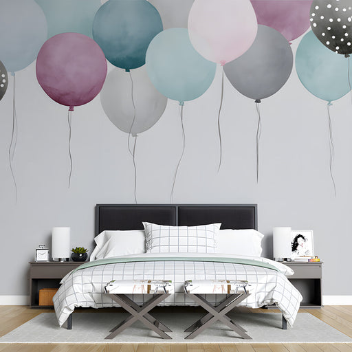 Bright bedroom wall with floating balloon wallpaper design in watercolor style