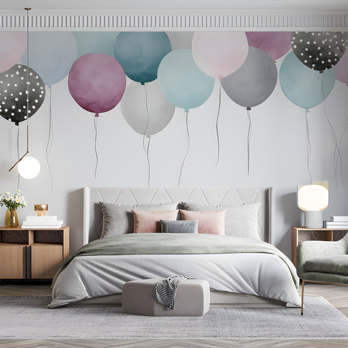 Bedroom featuring whimsical balloon wallpaper mural with soft pastel color tones