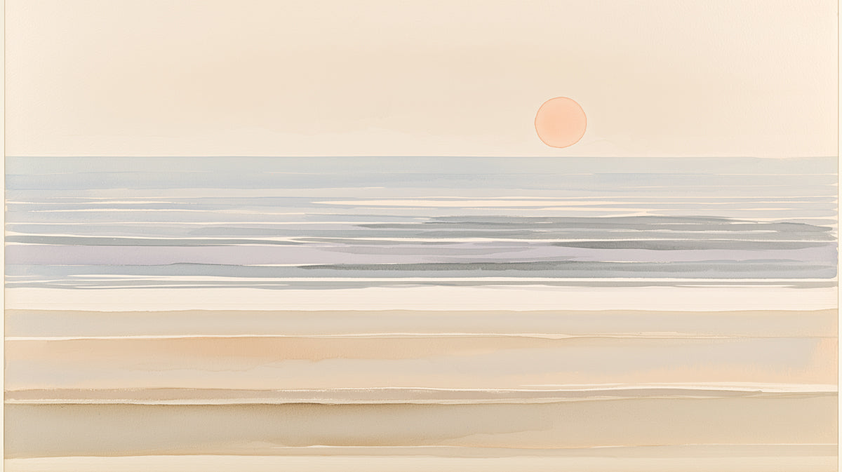 Minimalist watercolor mural featuring horizontal washes of sand, sea, and sky with a pale peach sun