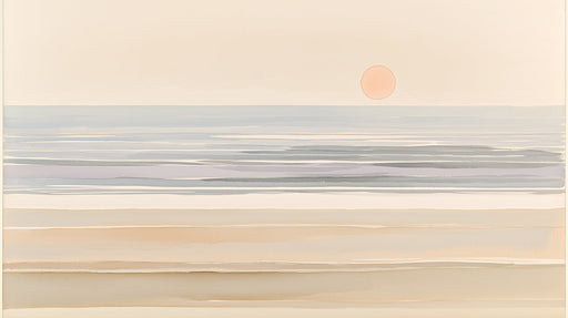 Minimalist watercolor mural featuring horizontal washes of sand, sea, and sky with a pale peach sun