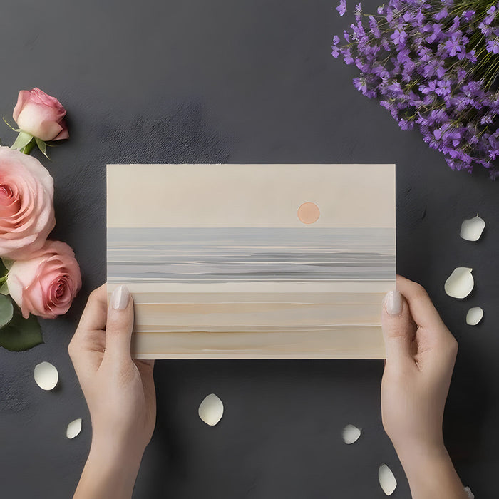 Abstract coastal sunset mural on the wall of a tranquil primary bedroom with wood accents