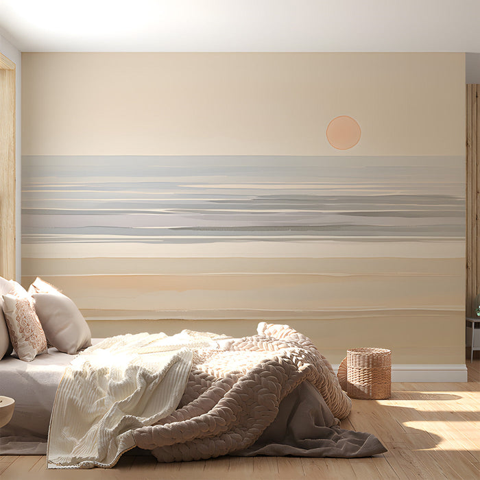 Soft-hued beach landscape wallpaper featured in a calming bedroom space