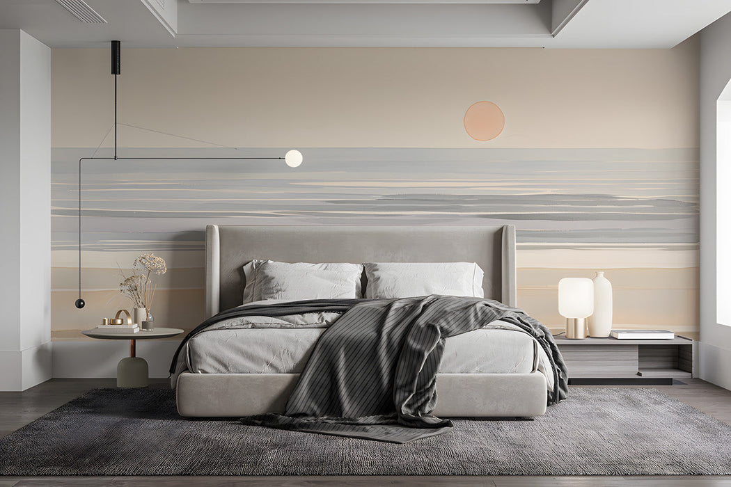 Watercolor horizon mural installed in a bright modern bedroom with neutral linen furniture