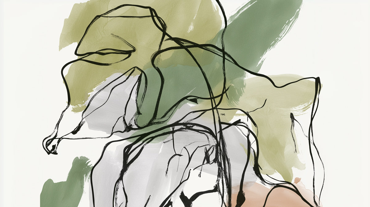 Abstract botanical wall mural with sage green watercolor washes and bold black ink lines on a cream background.