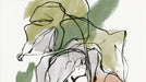 Abstract botanical wall mural with sage green watercolor washes and bold black ink lines on a cream background.