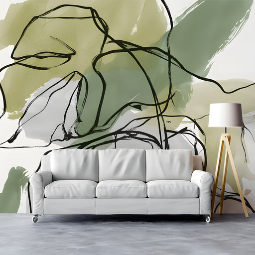 A serene study feature wall with soft sage and black line art wallpaper behind a neutral upholstered bed.