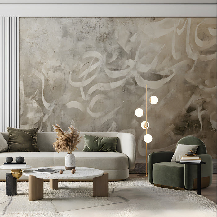 Professional living room accented with large scale abstract calligraphic wallpaper