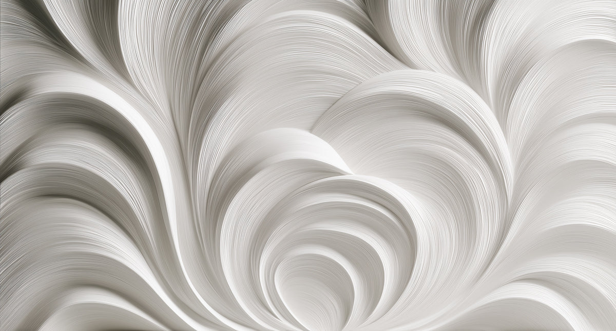 Abstract wallpaper pattern with sweeping monochromatic white and dove gray organic swirling curves