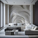 Serene commercial space interior featuring soft white flowing abstract wall mural as a headboard wall