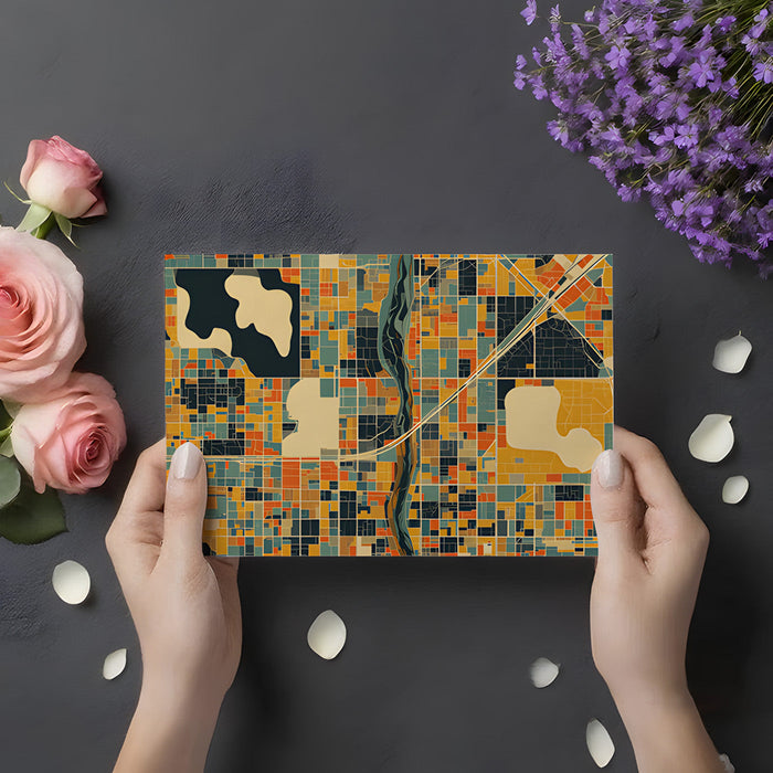 Abstract city grid mural behind a velvet sofa in a sophisticated living room.
