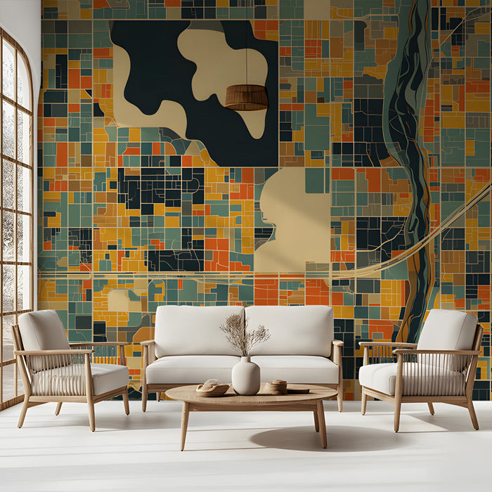 Graphic map pattern used as a focal wall in a contemporary hallway design.