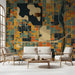 Graphic map pattern used as a focal wall in a contemporary hallway design.