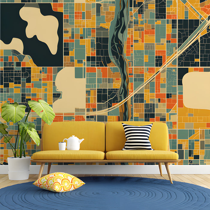 Geometric urban map wallpaper installed in a modern home office with a glass desk.
