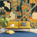 Geometric urban map wallpaper installed in a modern home office with a glass desk.