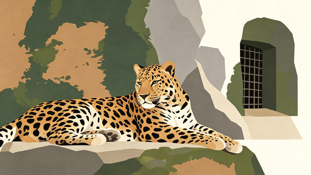 Graphic leopard mural with ochre gold fur and charcoal spots against moss green and stone gray elements