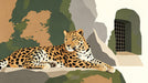 Graphic leopard mural with ochre gold fur and charcoal spots against moss green and stone gray elements