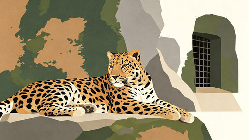 Graphic leopard mural with ochre gold fur and charcoal spots against moss green and stone gray elements
