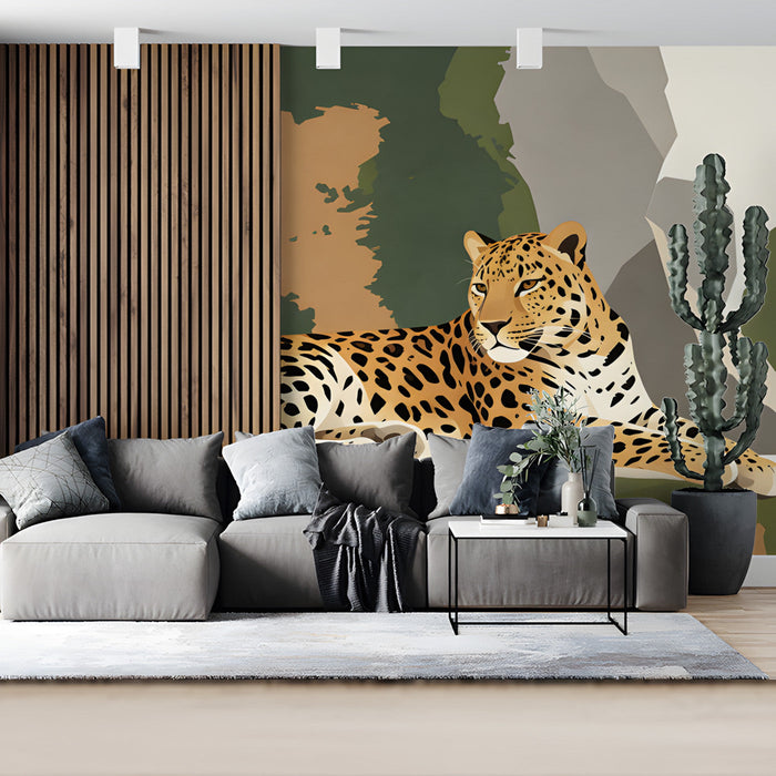 Safari inspired wallpaper in a living room with neutral bedding and minimalist decor
