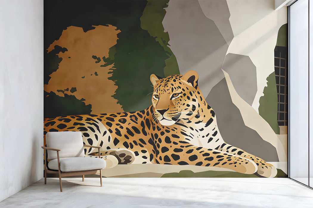 Leopard mural installed in a sophisticated reading nook with leather furniture and wood accents