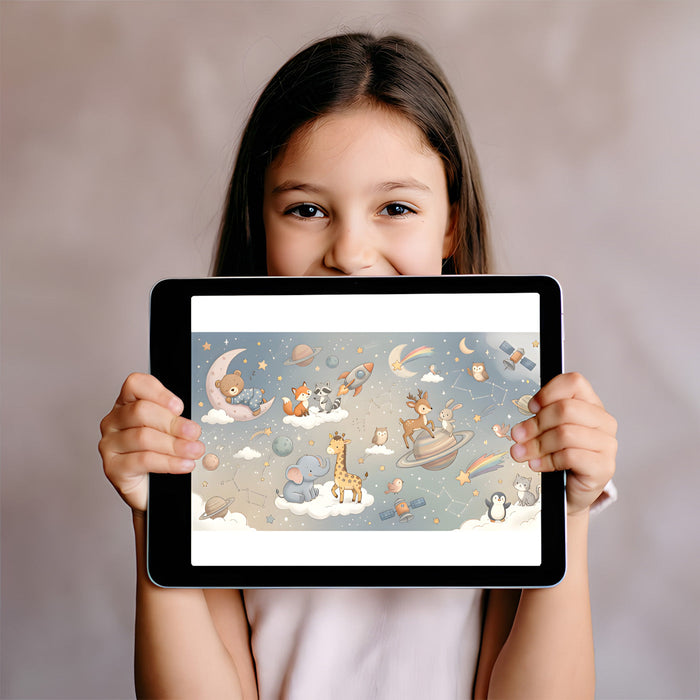 Kid’s bedroom wall with a soft blue space-themed wallpaper showcasing a rocket, bear on the moon, and planets.