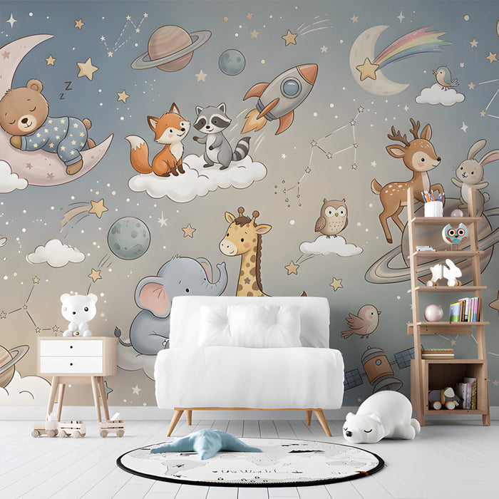 Nursery room featuring a dreamy space-themed wall mural with woodland creatures and floating stars.