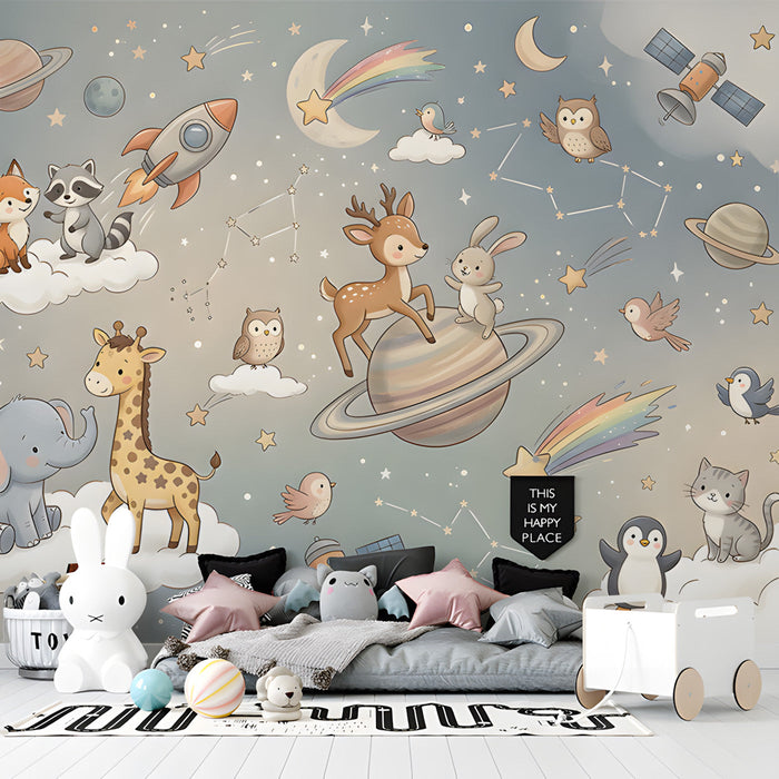Playroom interior design with a celestial animal mural on the wall and wooden toy storage.