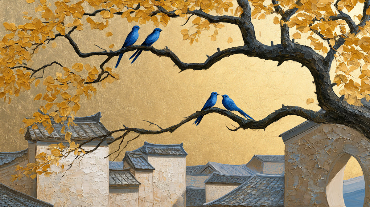 Oil painting style mural with blue birds on golden ginkgo tree branches over traditional rooftops
