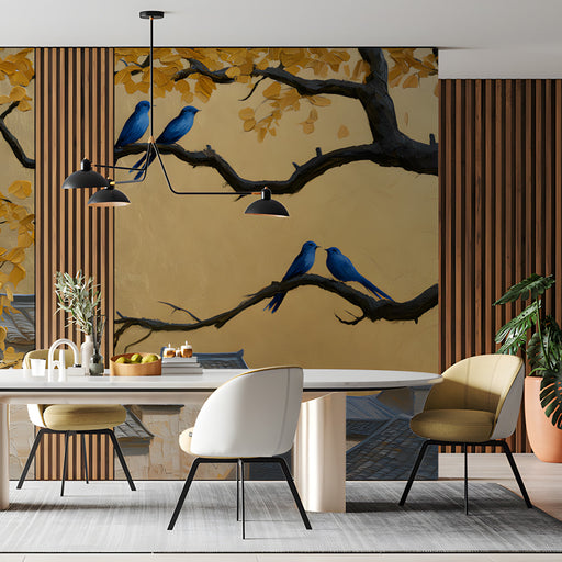 Meeting room wall featuring a large scale artistic mural with metallic gold background and bird branches