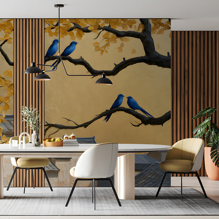 Meeting room wall featuring a large scale artistic mural with metallic gold background and bird branches