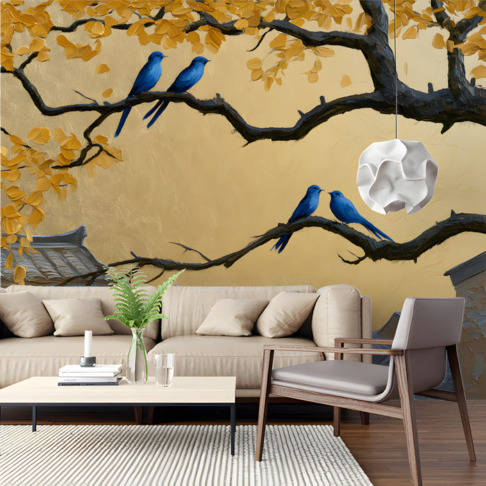 Living room interior featuring a luxury mural with golden ginkgo leaves and blue birds