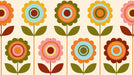 Retro floral pattern with scalloped circular flowers in orange, yellow, pink, and blue with olive leaves on a cream background.