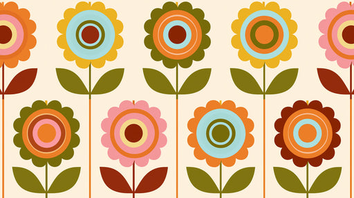 Retro floral pattern with scalloped circular flowers in orange, yellow, pink, and blue with olive leaves on a cream background.