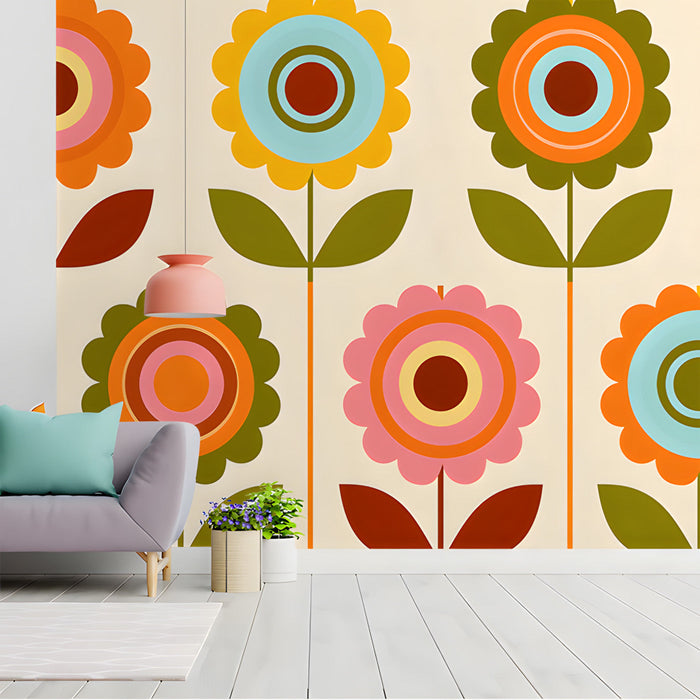 Playful daisy-inspired retro mural installed in an entryway with a vintage sideboard and colorful chairs.