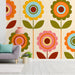 Playful daisy-inspired retro mural installed in an entryway with a vintage sideboard and colorful chairs.