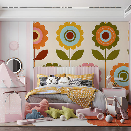 Mid-century retro floral wallpaper installed in a bright modern bedroom with wooden cabinets.