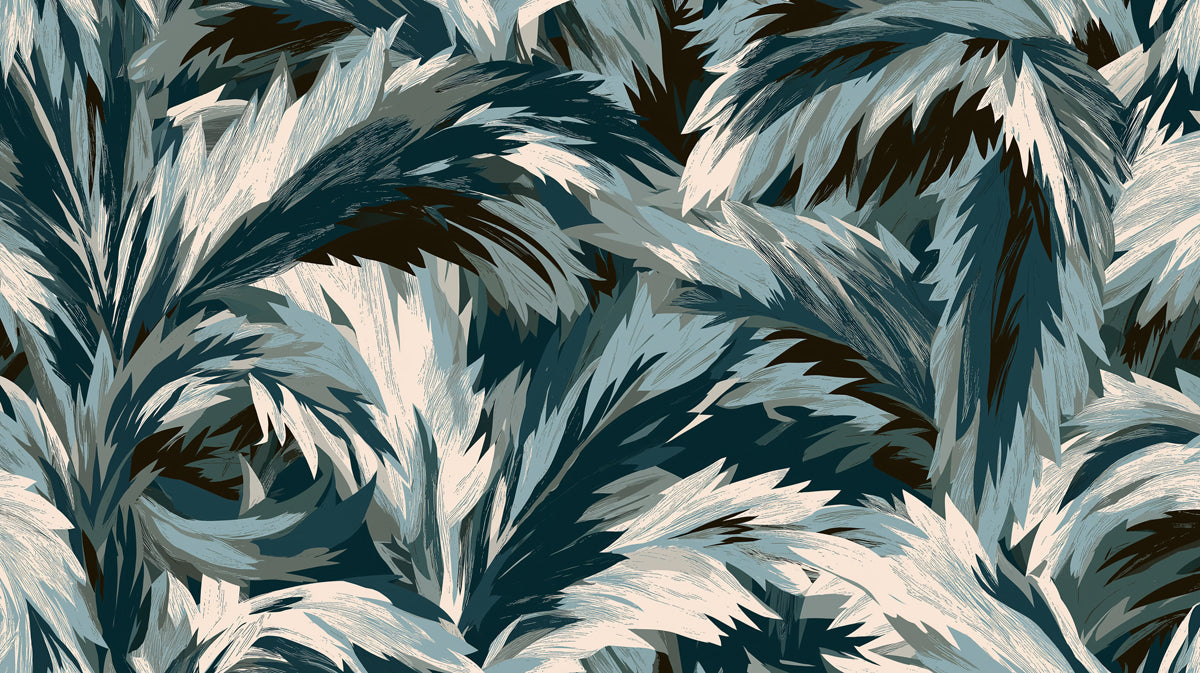 Abstract pattern of sweeping charcoal, teal, and cream plumed leaves with a painterly brushstroke texture.